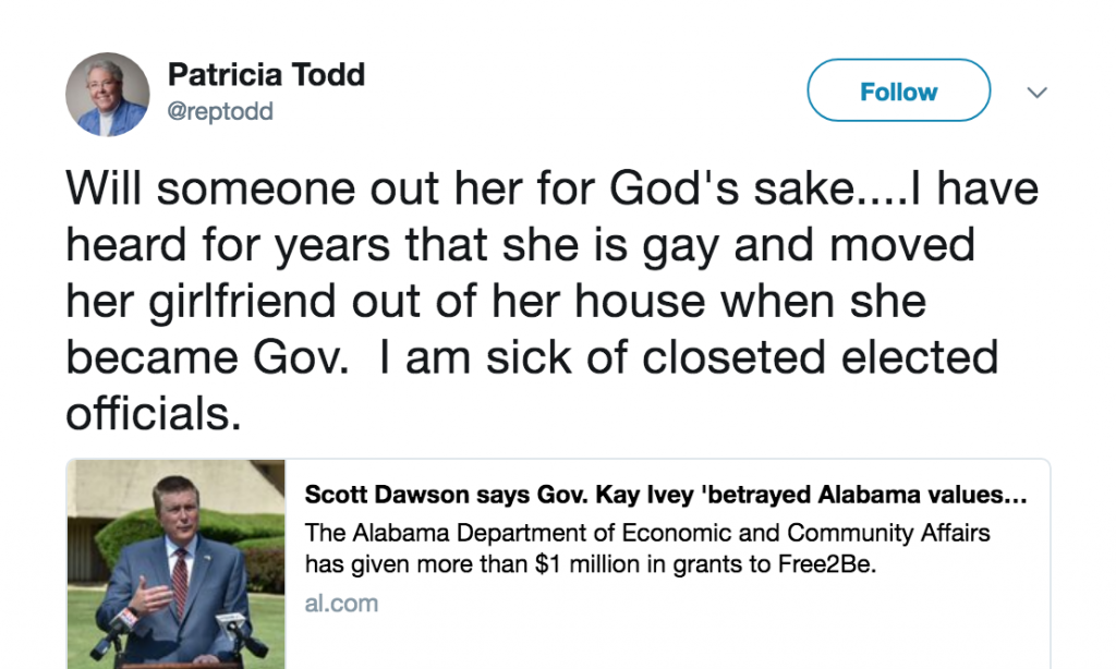Patricia Todd, state’s first openly gay lawmaker, insinuates Gov. Ivey may be gay