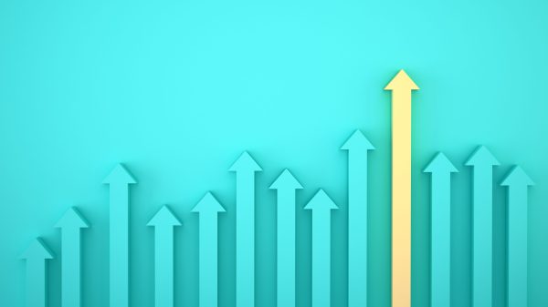 Abstract of yellow arrow graph on blue background, corporate future growth plan. Business development to success and growing growth concept.