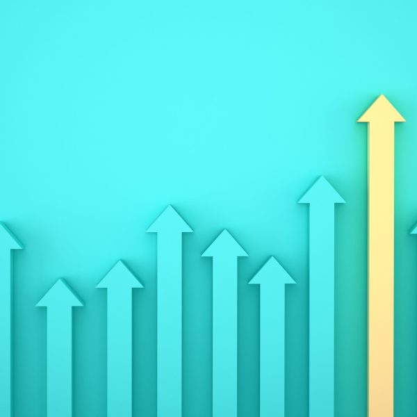 Abstract of yellow arrow graph on blue background, corporate future growth plan. Business development to success and growing growth concept.