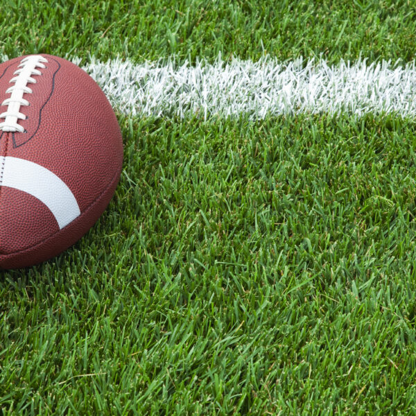 A college football at the goal line on a grass field