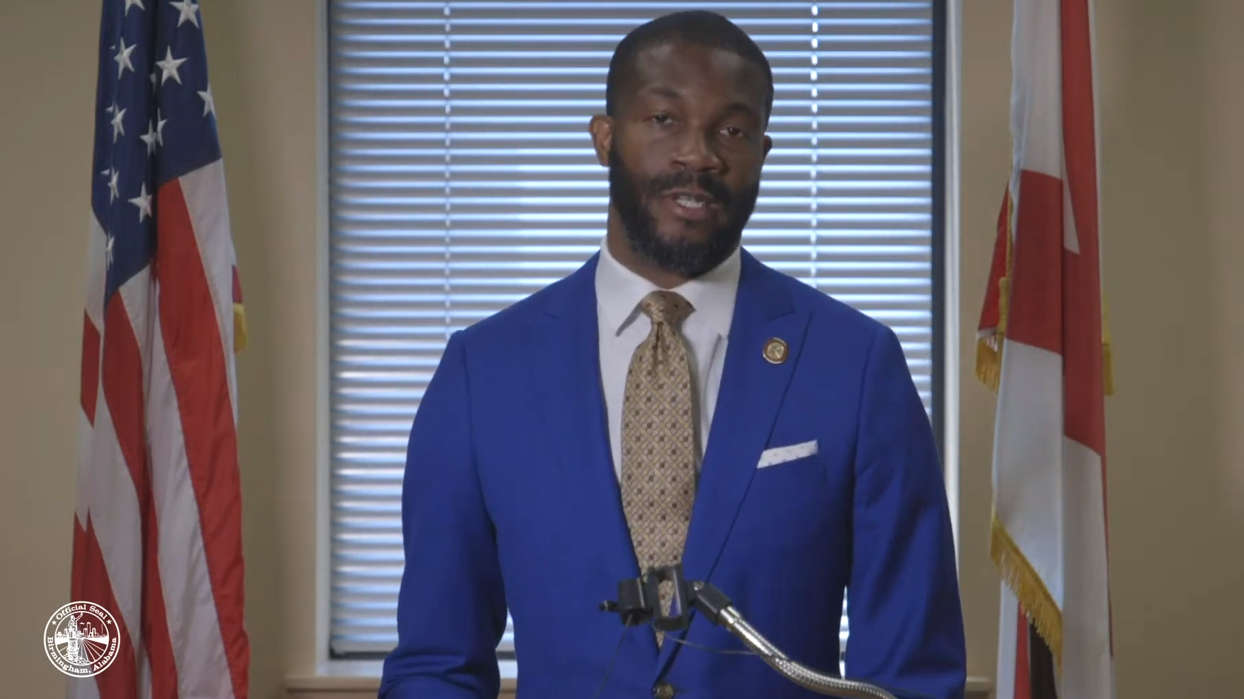 Birmingham Mayor Randall Woodfin speaks during a livestreamed press conference.