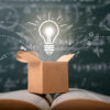 think outside the box on school green blackboard . startup education concept. creative idea. leadership.