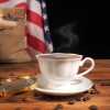 Boston tea party is symbol of English tea rejection . Distribution coffee in America. USA flag