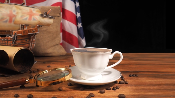 Boston tea party is symbol of English tea rejection . Distribution coffee in America. USA flag