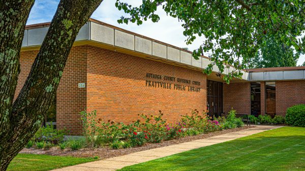 The exterior of the Prattville Public Library on a summer day.