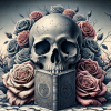 A detailed, landscape-oriented image featuring a gray human skull facing forward with a closed, old, worn-out book in its mouth, centrally placed. Sur