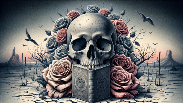 A detailed, landscape-oriented image featuring a gray human skull facing forward with a closed, old, worn-out book in its mouth, centrally placed. Sur