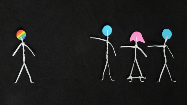 LGBT or LGBTQIA bullying, insult and harassment, discrimination and homophobia concept. Human stick figure in dark black background creative composition.