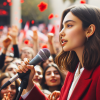 A young Middle-Eastern woman captured in profile, speaking into a microphone at an outdoor rally. She's wearing a stylish red blazer over a white blou