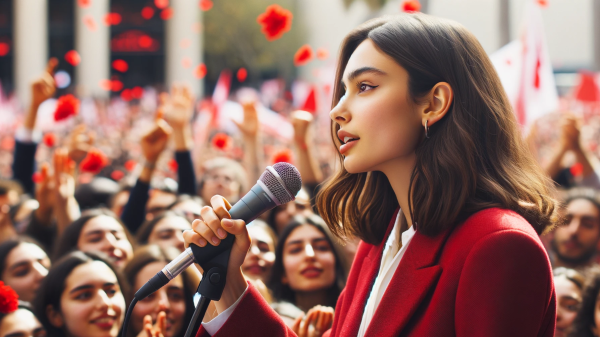 A young Middle-Eastern woman captured in profile, speaking into a microphone at an outdoor rally. She's wearing a stylish red blazer over a white blou