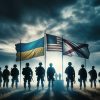 A landscape-oriented image featuring Ukrainian and American soldiers standing beneath the Ukrainian, United States, and Alabama State flags. The soldi