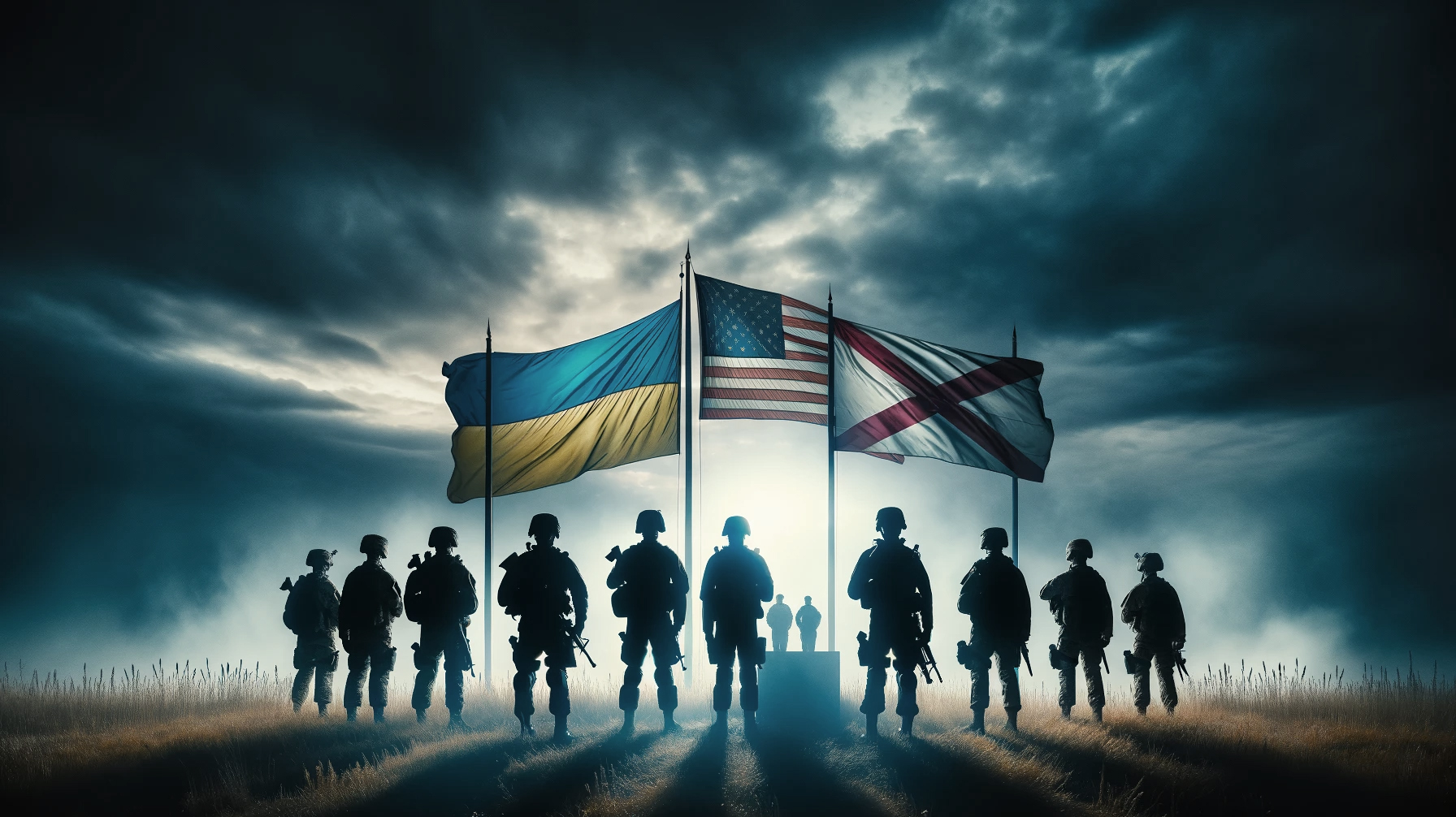 A landscape-oriented image featuring Ukrainian and American soldiers standing beneath the Ukrainian, United States, and Alabama State flags. The soldi