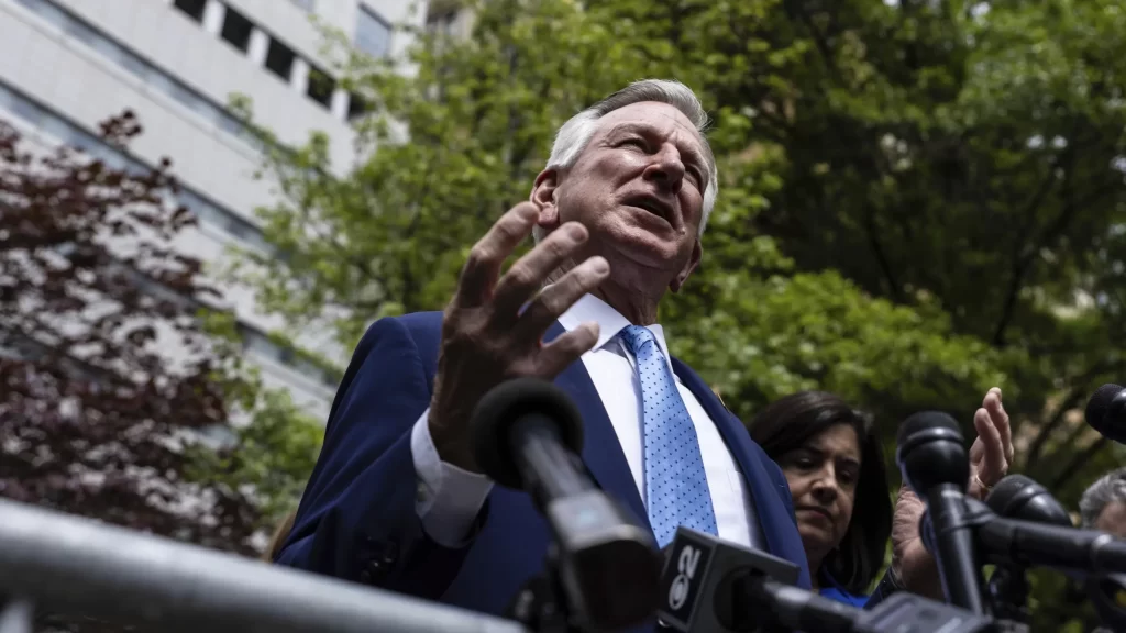 Sen. Tommy Tuberville, R-Ala., speaks at a press conference across the street from the Manhattan criminal court, Monday, May 13, 2024, in New York. Trump was accompanied to court Monday by some of his top congressional surrogates.