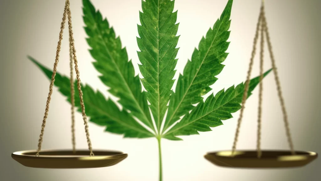 green marijuana leaf on scales, cannabis legalization