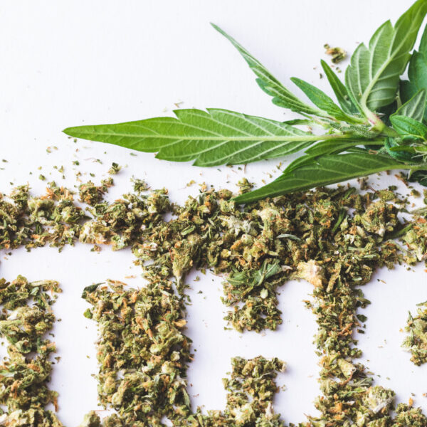 THC Acronym In Marijuana Shake With Cannabis Leafs On White Background