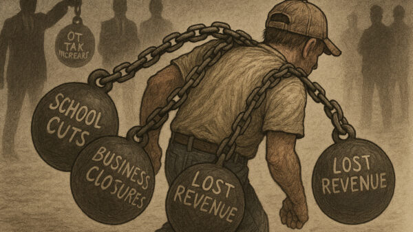 A weary Alabama worker trudges forward under the crushing weight of policy failures—overtime tax increases, business closures, school funding cuts, and lost gambling revenue—while distant lawmakers and special interests look on in silence.