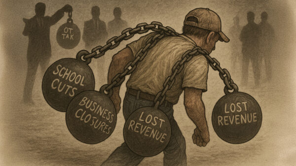 A weary Alabama worker trudges forward under the crushing weight of policy failures—overtime tax increases, business closures, school funding cuts, and lost gambling revenue—while distant lawmakers and special interests look on in silence.