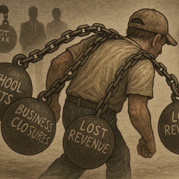 A weary Alabama worker trudges forward under the crushing weight of policy failures—overtime tax increases, business closures, school funding cuts, and lost gambling revenue—while distant lawmakers and special interests look on in silence.