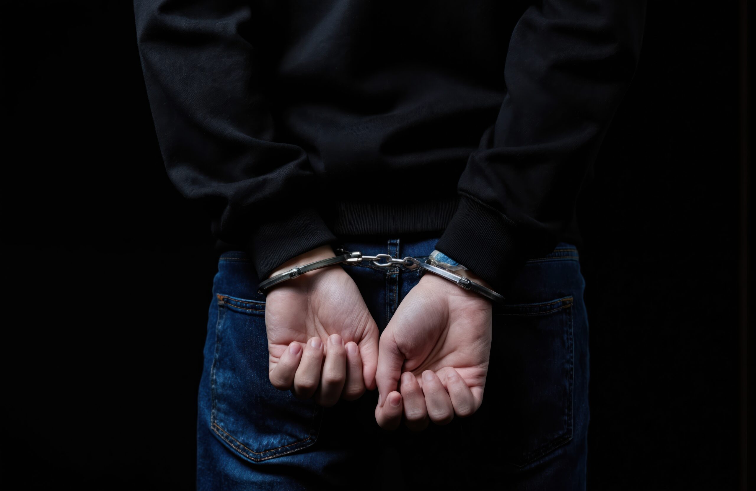 Teenage boy in black hoodie and jeans is arrested with hands cuffed behind his back. Dark studio background emphasizes his confinement. Represents crime, justice and consequence for youth.