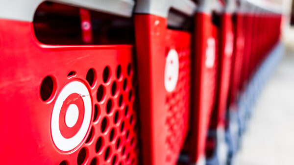 Red shopping carts outside of a Target store.