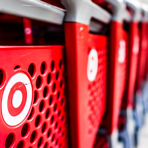 Red shopping carts outside of a Target store.