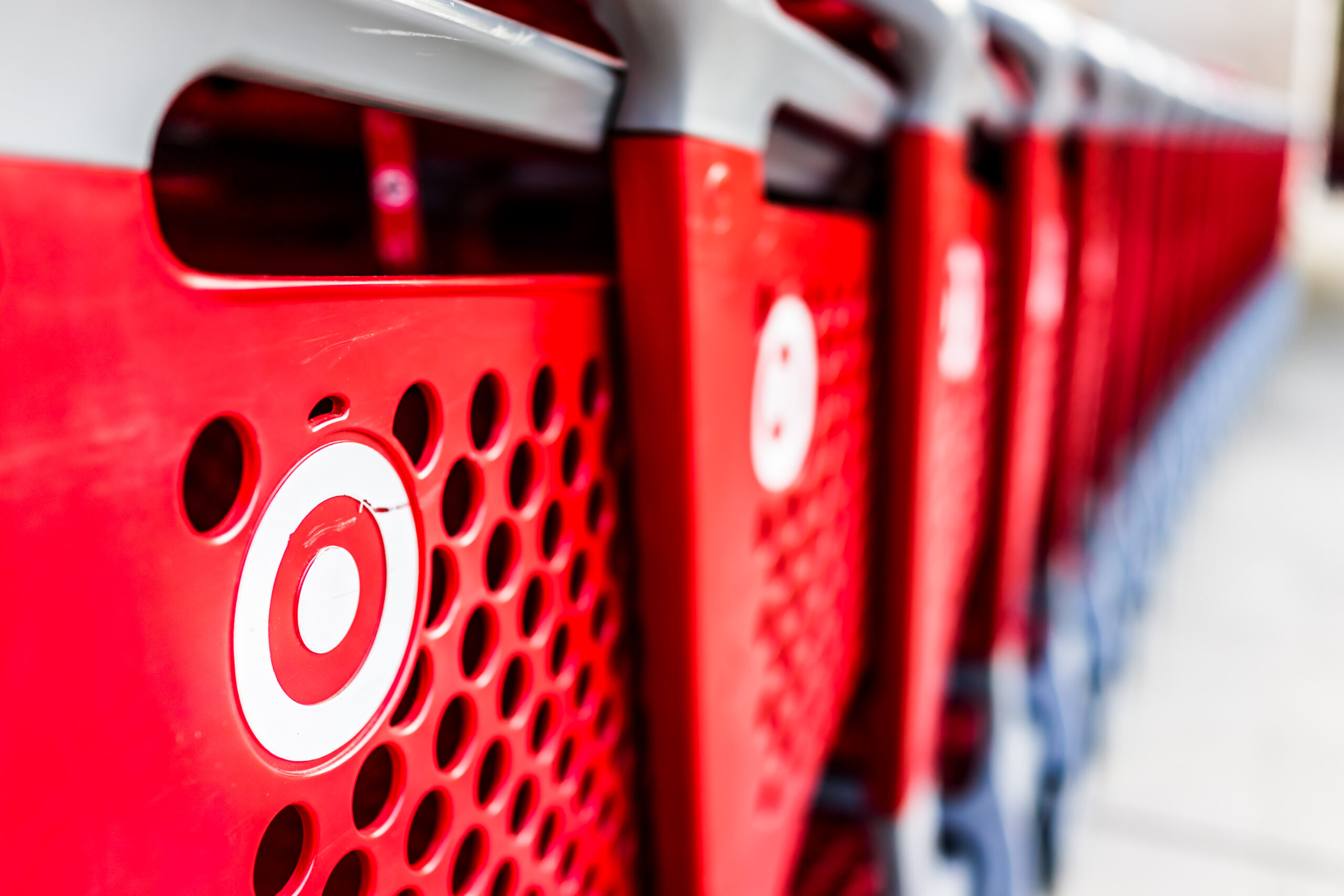 Red shopping carts outside of a Target store.