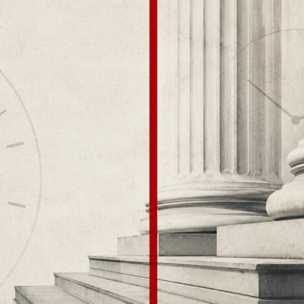 APR illustration of courthouse columns divided by a red line with overlapping clocks, representing constitutional law colliding with Alabama’s election calendar.