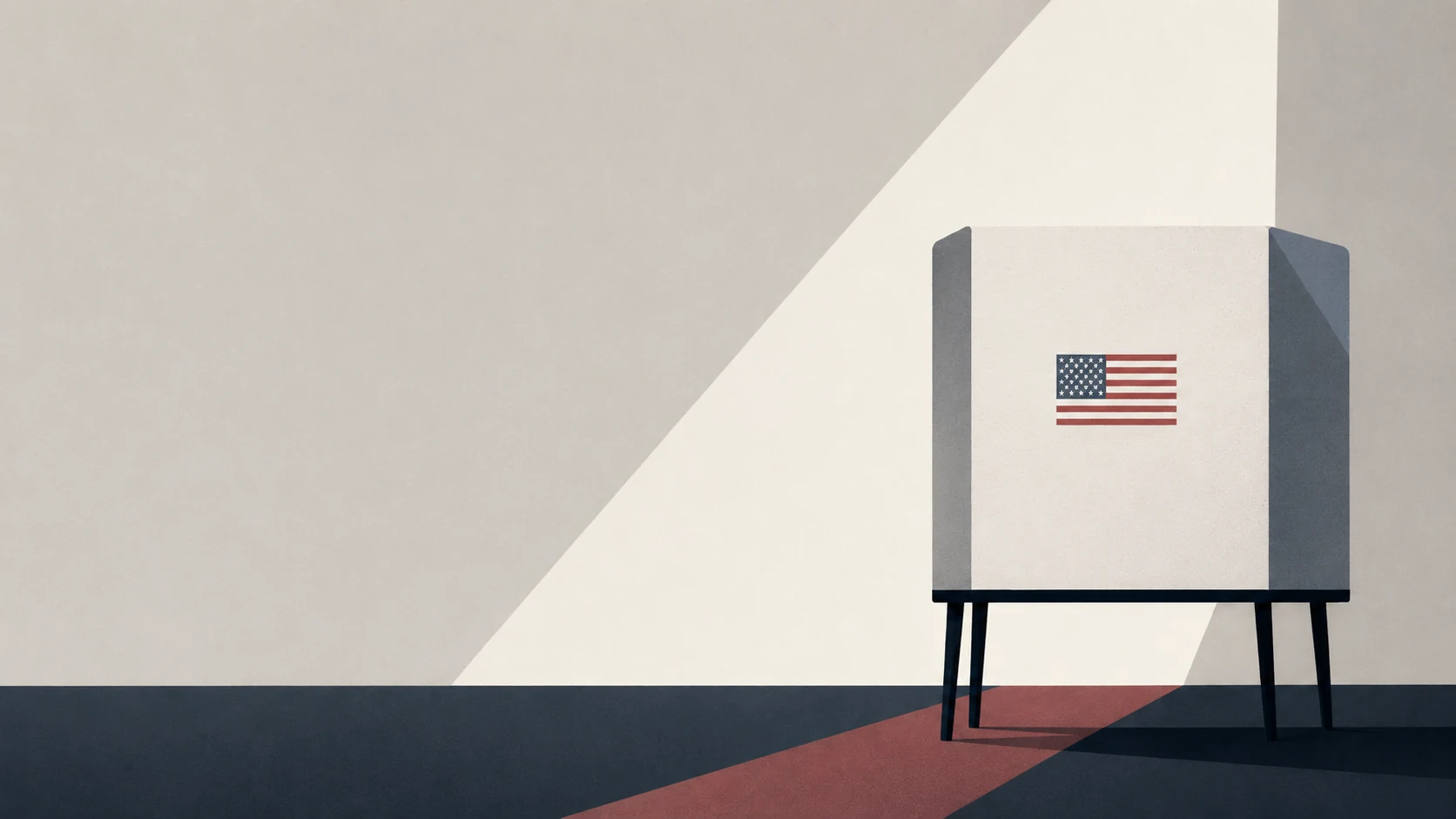Editorial illustration of a voting booth illuminated by a beam of light, symbolizing access to the ballot and new citizenship requirements.